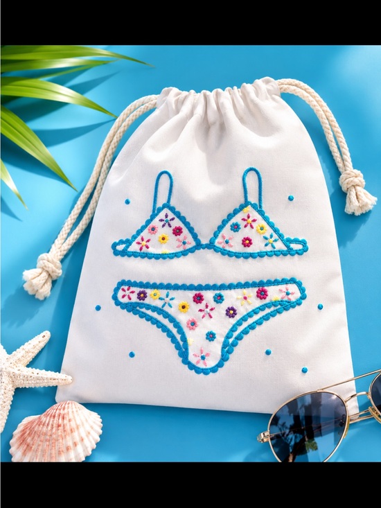 Handbags - White Bikini Drawstring Bag with Blue and Pink Accents